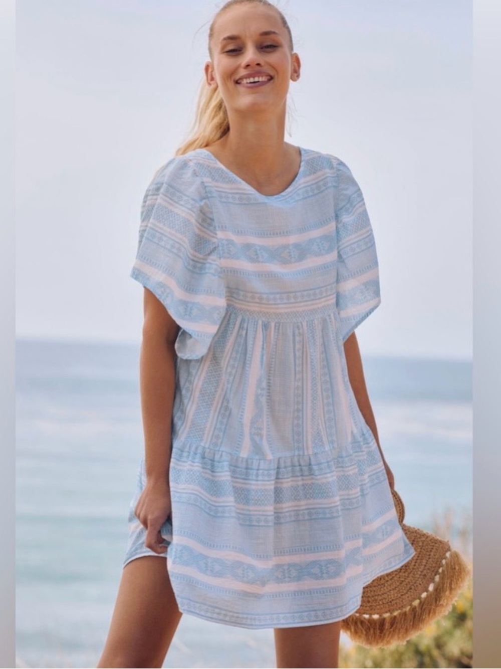Anthro Maeve Vintage Denim lightweight Blue Striped 100% Cotton Summer Dress M